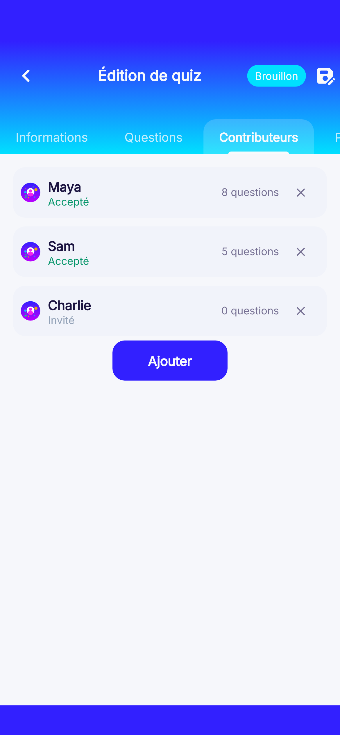 Écran Contributeurs de l’éditeur Quizy, avec trois joueurs et le nombre de questions apportées