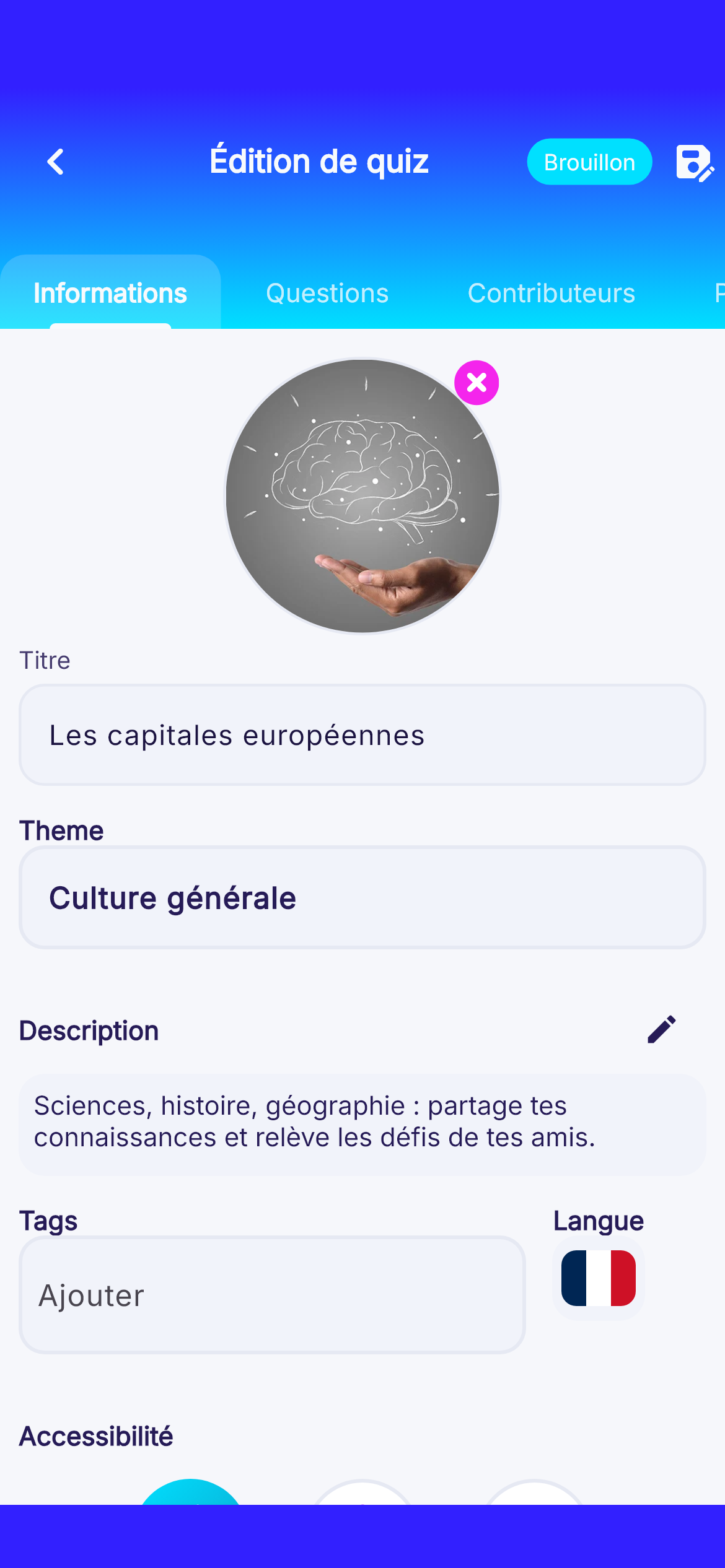 Écran réel de création d’un quiz dans Quizy