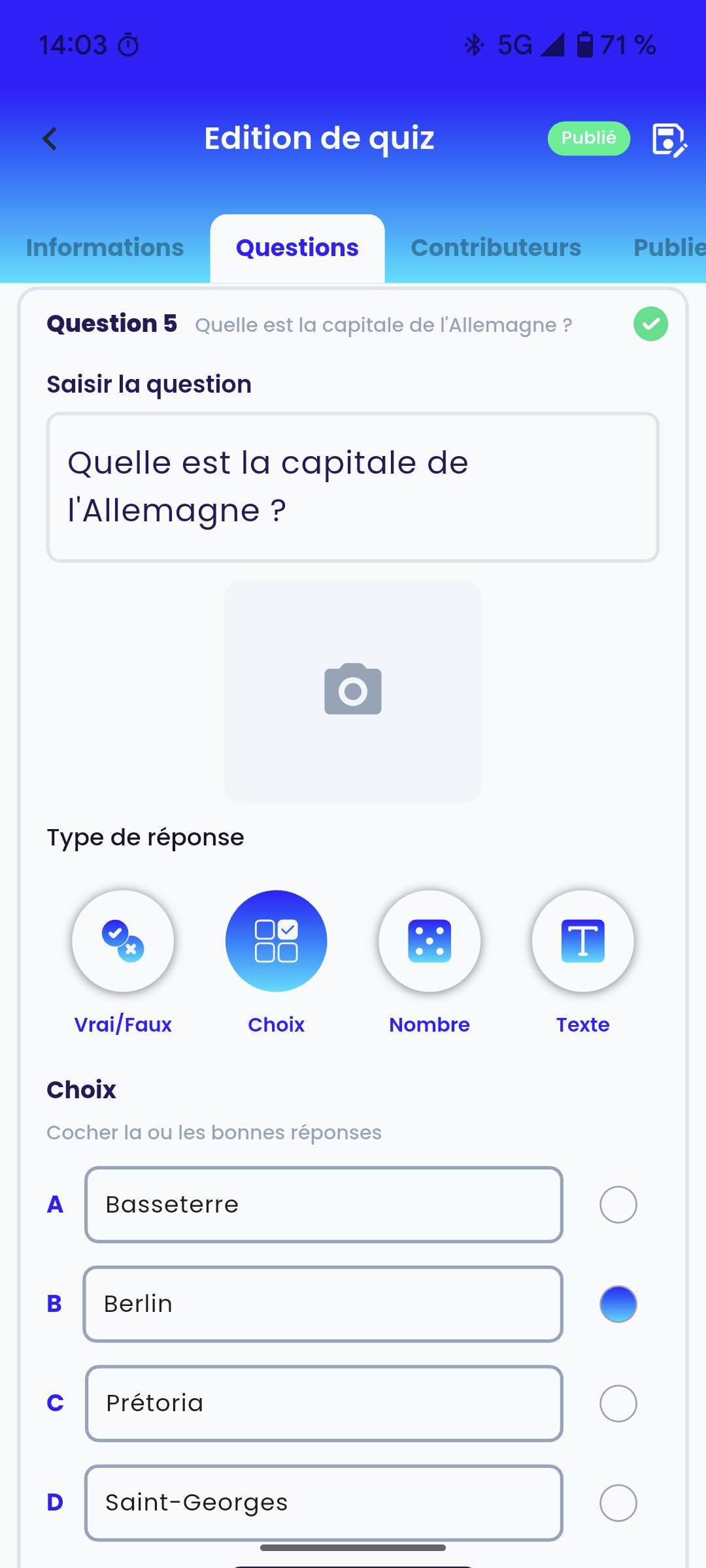 Écran de Jeu de Quiz